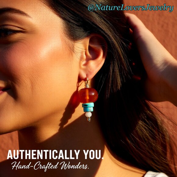 Colorful Chunky Monkeys! Get Seen & Turn Heads! Orange & Turquoise Stone Earring - Picture 4 of 11